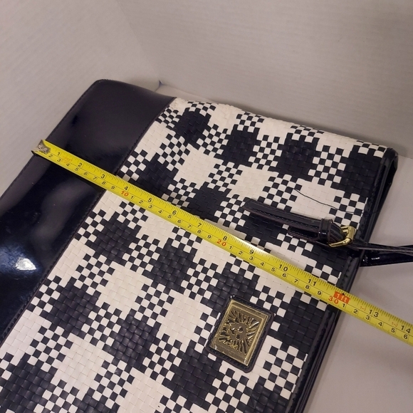 Anne Klein Shoulder Bag Black White Herringbone Textile Patent Leather Purse - Picture 9 of 13